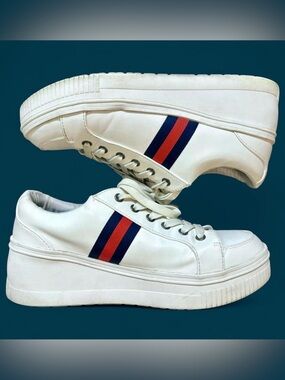 White Platform Sneakers with Red & Navy Stripe